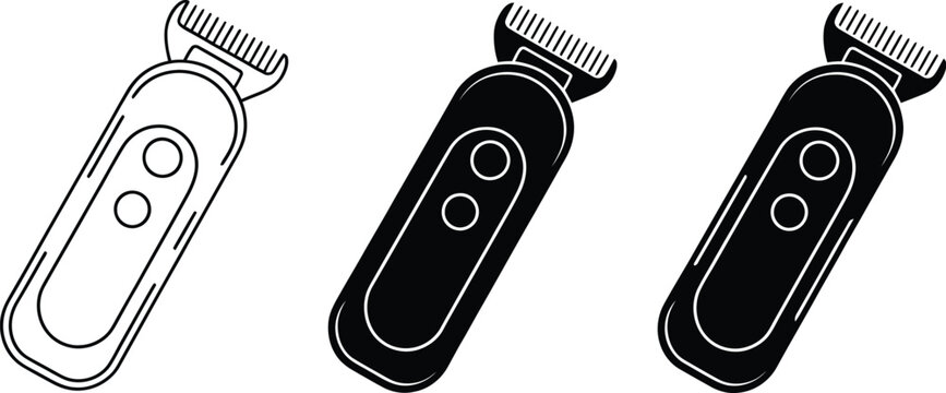 Electric trimmer icons, grooming clippers set with personal care devices in black and white for shaving haircutting beard styling beauty hygiene and bathroom accessories.