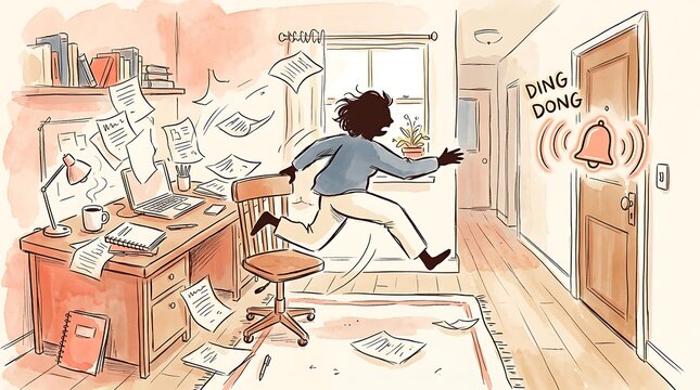 A person rushes to answer the door as papers fly around their cluttered home office, illustrating the chaos of multitasking and distractions