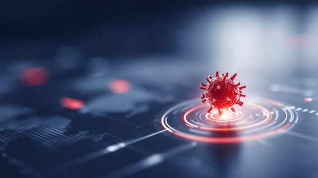 Virus particle above a digital interface represents infection detection health monitoring and biological risk analysis.
