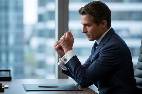 Man in suit eating snack while working at desk