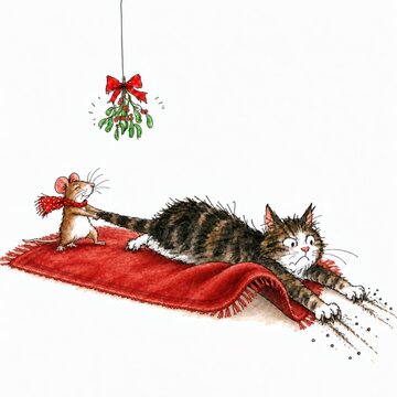 A whimsical watercolor image of a cute mouse tugging the tail of an unhappy tabby cat across a red rug beneath Christmas mistletoe