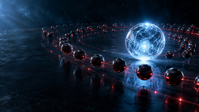 Abstract visualization of an atom structure with glowing blue nucleus and orbiting dark electrons on a dark cosmic surface with copy space