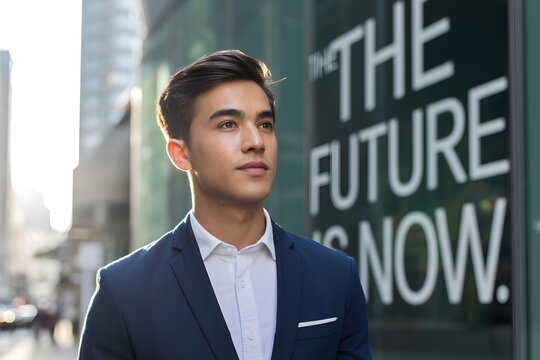 Young man looking at futuristic slogan
