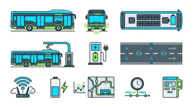 Set of electric bus transport and charging station flat icons