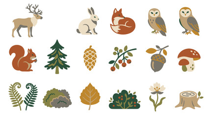 Obraz premium Set of cute forest woodland animals and plants icons.