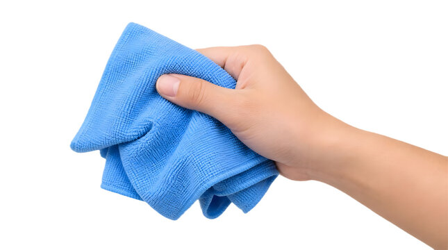 Professional hand holding a folded blue microfiber cleaning cloth for sanitization and surface maintenance