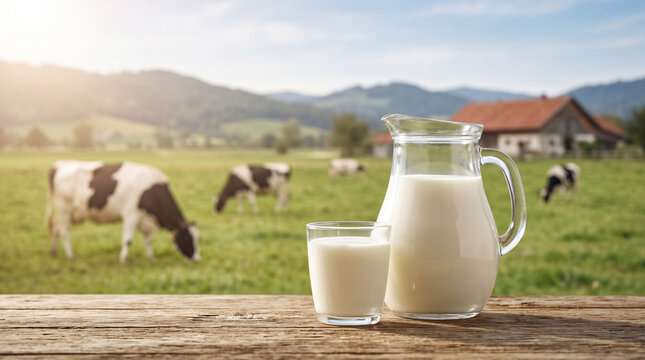 Fresh milk in a glass pitcher and tumbler on a rustic wooden table, with grazing dairy cows, green meadow, farmhouse, and mountain landscape in warm morning light
