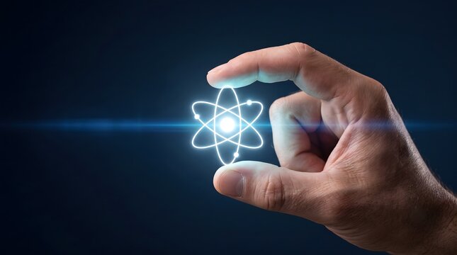 Scientist Holding Glowing Atom Icon for Quantum Computing, Nuclear Energy, and Nanotechnology Concept