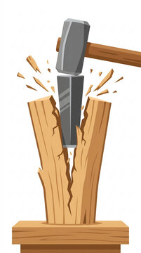 A metal wedge tool splitting a wooden log into two pieces