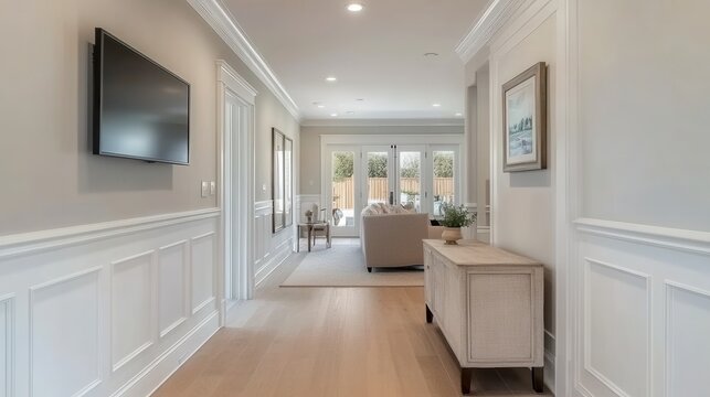 Modern hallway with wainscoting,TV,and a console table