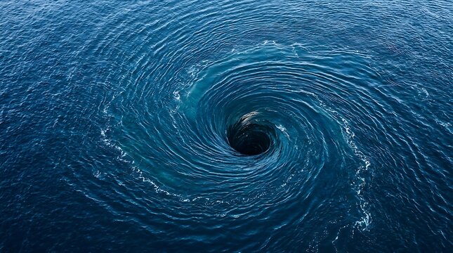 A powerful and mesmerizing whirlpool creating a deep vortex in the vast blue ocean water.