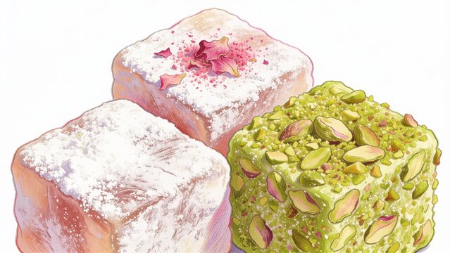 Assorted turkish delight lokum with rose petals and pistachios macro illustration