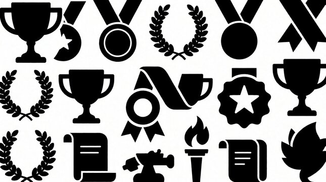 Set of black, white award icons. Collection includes trophy, medal, laurel wreath, diploma, ribbon symbols. Graphics show victory, success, achievement elements for winner recognition in sports,
