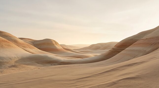 A serene desert landscape featuring gently rolling sand dunes and layered hills under a soft, hazy sky.