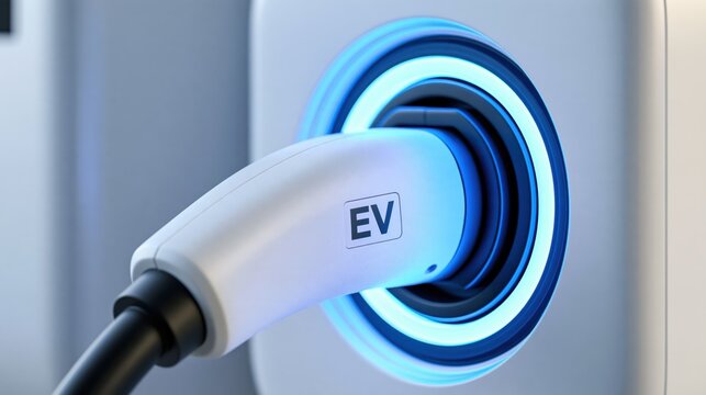 Close-up of a white electric vehicle charging plug connected to a modern wall charging station