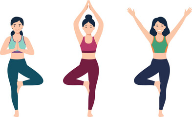 Fototapeta premium Three Women Practicing Yoga in Different Balance Poses for Fitness