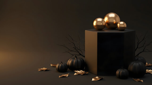Luxury autumn home decor featuring black pumpkins and gold spheres