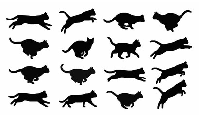 Collection of black cat silhouettes in various playful running and jumping poses © Md
