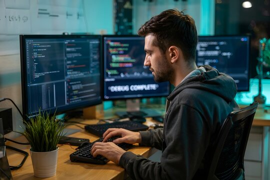 Person coding on dual monitors in modern office