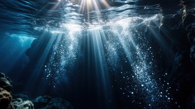 Sun rays pierce deep blue ocean water revealing specks of marine snow floating downwards. Dark underwater cave and rocky formations surround glowing particulate matter.