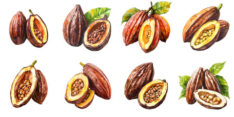 Obraz premium Arrangement of watercolor illustrations featuring open and whole cocoa pods on black backdrop