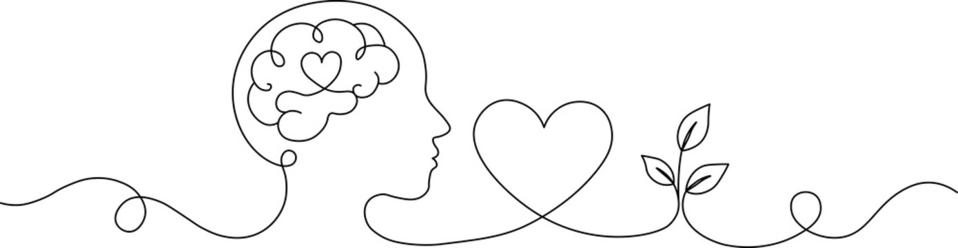 One continuous line drawing of a human head with a brain containing a heart symbol, connected to a separate heart and a sprout.