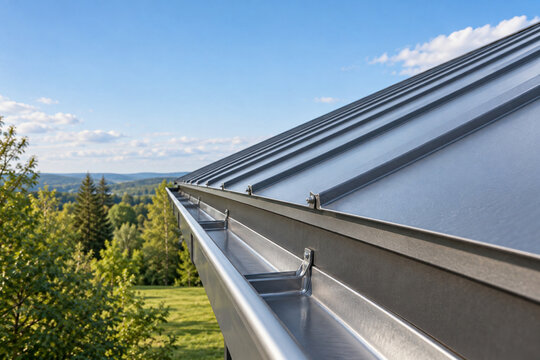 Clean Metal Roof Gutter Above a Leaf Free House Eave