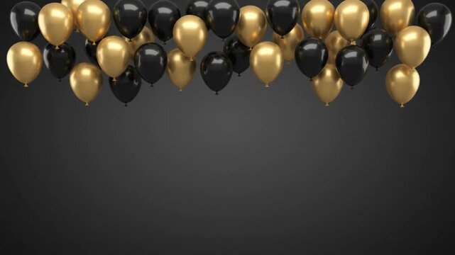 Festive Black and Gold Balloons Floating Against a Dark Background