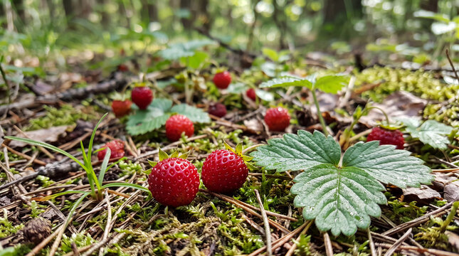 Wild strawberries ripening on mossy forest floor with green leaves, pine needles and soft woodland background in natural summer habitat, macro view of red berries