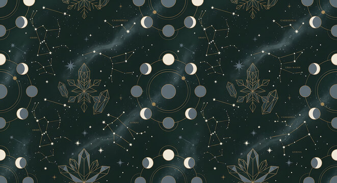 Mystical celestial seamless pattern with moon phases, gold constellations, and geometric crystals on a dark night sky. Magic astrology digital illustration for boho fabric, wallpaper, or textile desig