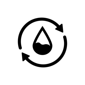 Recycle water icon. Water drop with 2 sync arrows. Single black round liquid recycle icon. Planet bio protection circle flat design