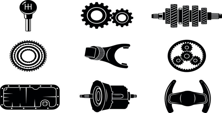 Car gearbox manual transmission vector icon set featuring gear shifter gearwheels planetary gears synchro ring shift fork oil pan converter paddle graphics for automotive workshop design