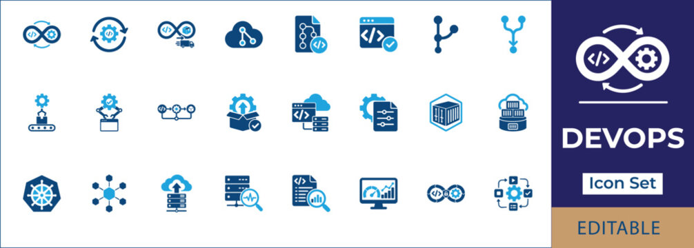 DevOps and software development icon set. Featuring ci cd pipeline, continuous integration, cloud automation, and code deployment. Vector icons for corporate reports, pitch decks, and web app ui.