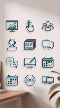 Digital Webinar and Q&A Session Icons Set in Minimalist Grid Layout on Neutral Background