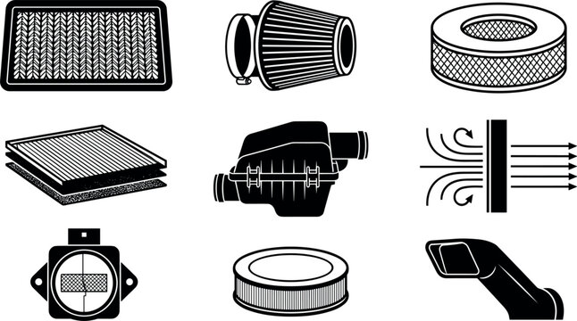 Car air filtration system vector icon set featuring engine panel filter cone intake cabin mesh box flow sensor snorkel graphics for automotive maintenance garage website design