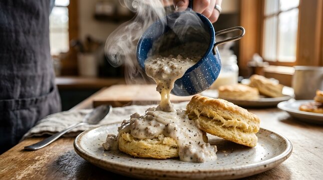 Person pouring hot sausage gravy over fresh baked biscuits in a rustic kitchen setting perfect for southern food heritage day