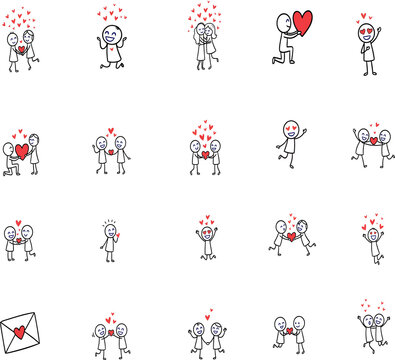 Stick figure couples and hearts depict romantic love on a white background