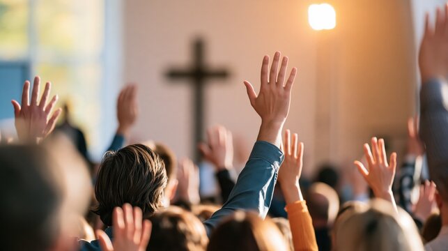 A group of people raising their hands in prayer and worship inside a bright church sanctuary