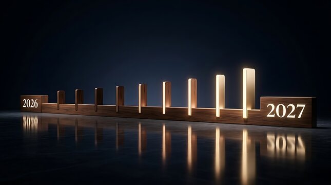 Illuminated architectural structures reflect in water boldly displaying the year 2027 in a futuristic setting, JPEG