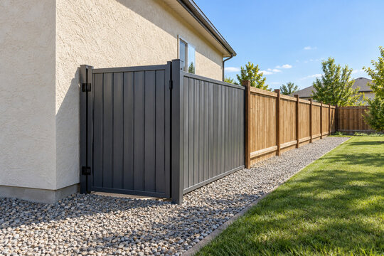 Metal Fence Section Separating Timber Fencing from a House