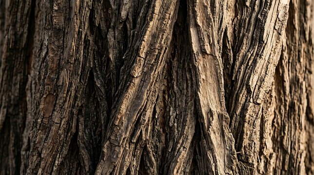 Close-up view of rough, textured brown tree bark with deep furrows and ridges, showcasing natural patterns.