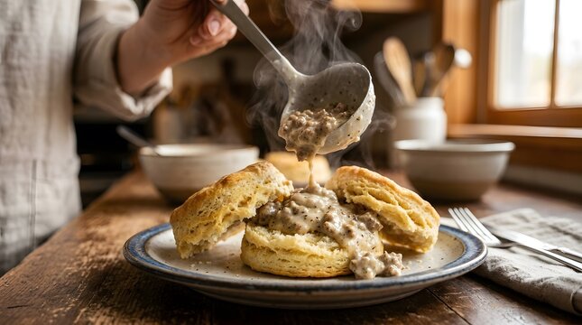 Person pouring hot sausage gravy over fresh baked biscuits on a rustic wooden kitchen table perfect for southern food heritage day