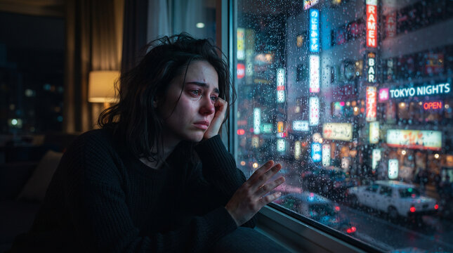 Lonely Night in the City: A young woman, visibly upset and crying, gazes out of a rain-streaked window at a bustling, neon-lit city street at night, feeling isolated despite the urban energy.