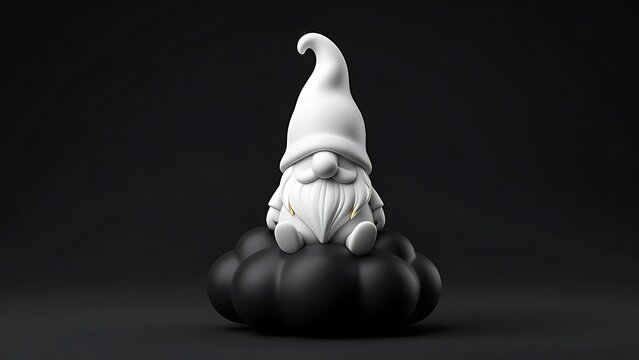Abstract 3D Christmas mascot featuring minimalist white porcelain tomte gnome figurine wearing pointed winter hat sitting on dark matte cloud