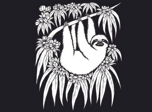Sloth hanging from tropical tree branches illustration