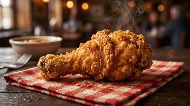 Hot crispy fried chicken drumstick served on a red checkered napkin in a rustic restaurant setting perfect for southern food heritage day