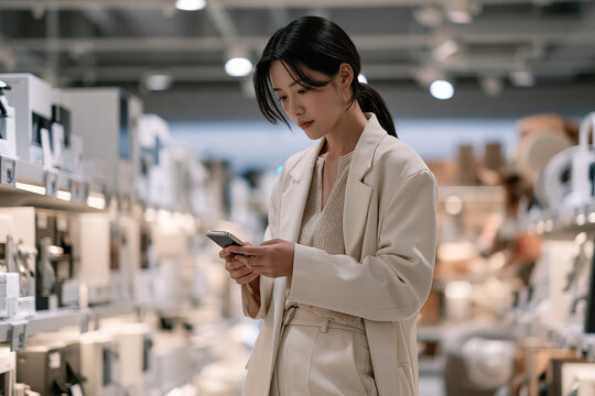 Woman shopping in store browsing on smartphone