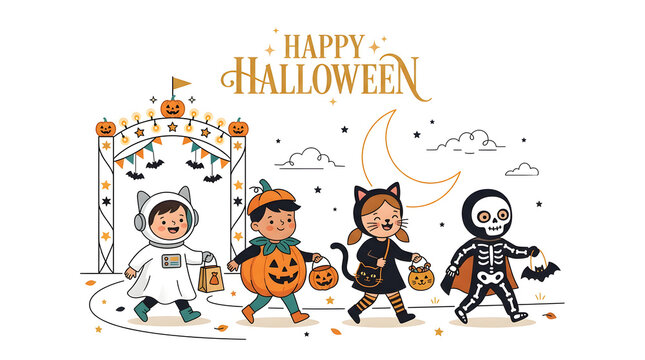 Group of children wearing different halloween costumes walking past an archway with halloween