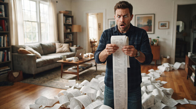 Man Surrounded by Receipts: A man stands in a living room, looking shocked and overwhelmed as he holds a very long receipt, surrounded by a mess of scattered receipts on the floor.