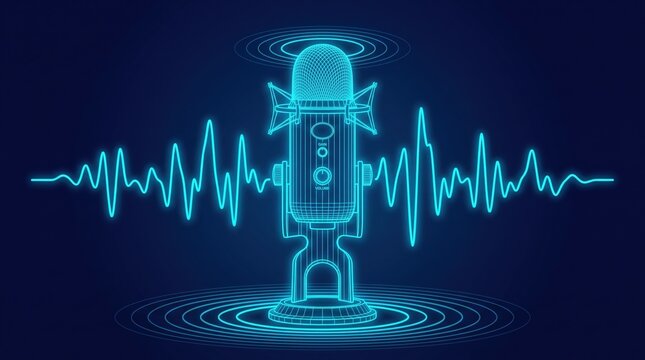 Neon glowing microphone with sound waves digital podcasting technology illustration